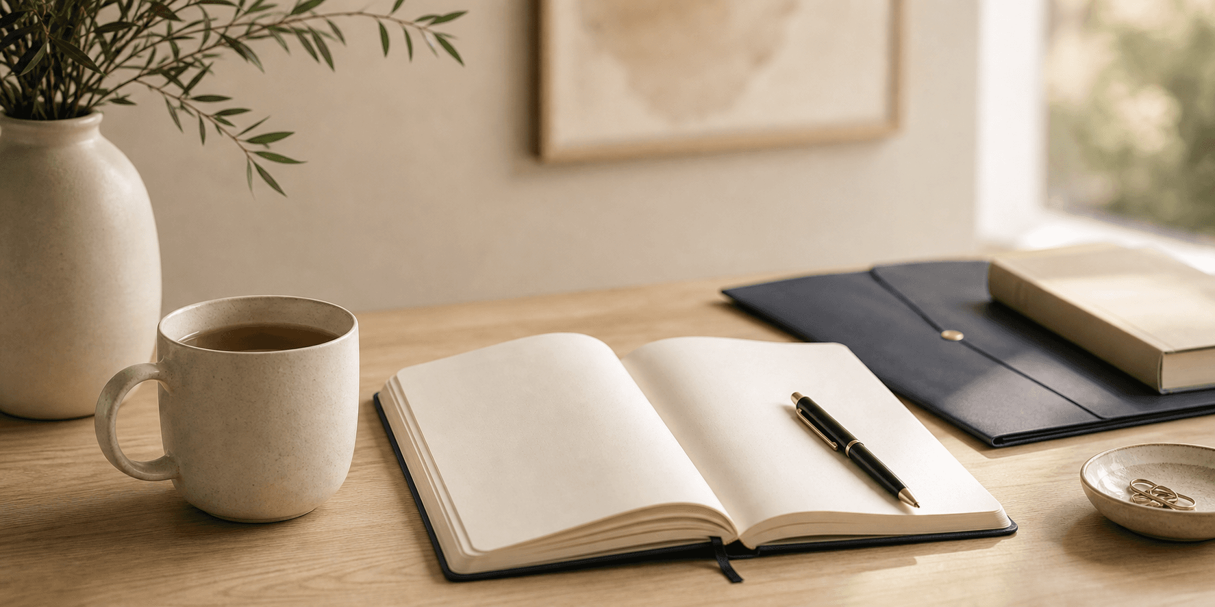Coffee mug, notebook, and pen on a desk.
